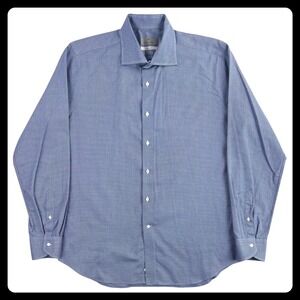 Canali Impeccabile Dress Shirt Men Large 43-17 Blue Cotton Micro Geometric Italy